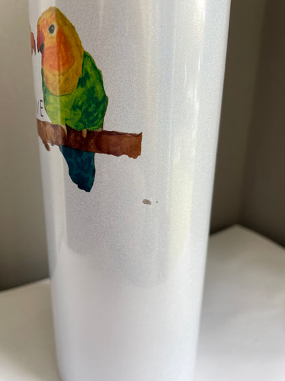 20oz shimmer tumbler - Love Birds. Personalized with Mary. Small chip.