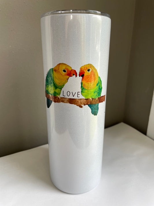 20oz shimmer tumbler - Love Birds. Personalized with Mary. Small chip.