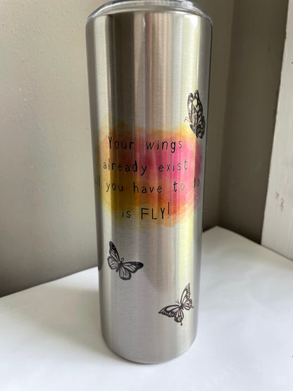 20oz stainless silver tumbler - Monarch. Few specks in coating.
