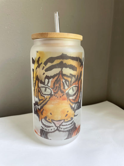 16oz frosted glass/bamboo lid. Tiger.