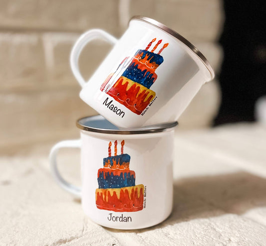 Personalized Birthday Cake Cup - Enamel or Ceramic Options